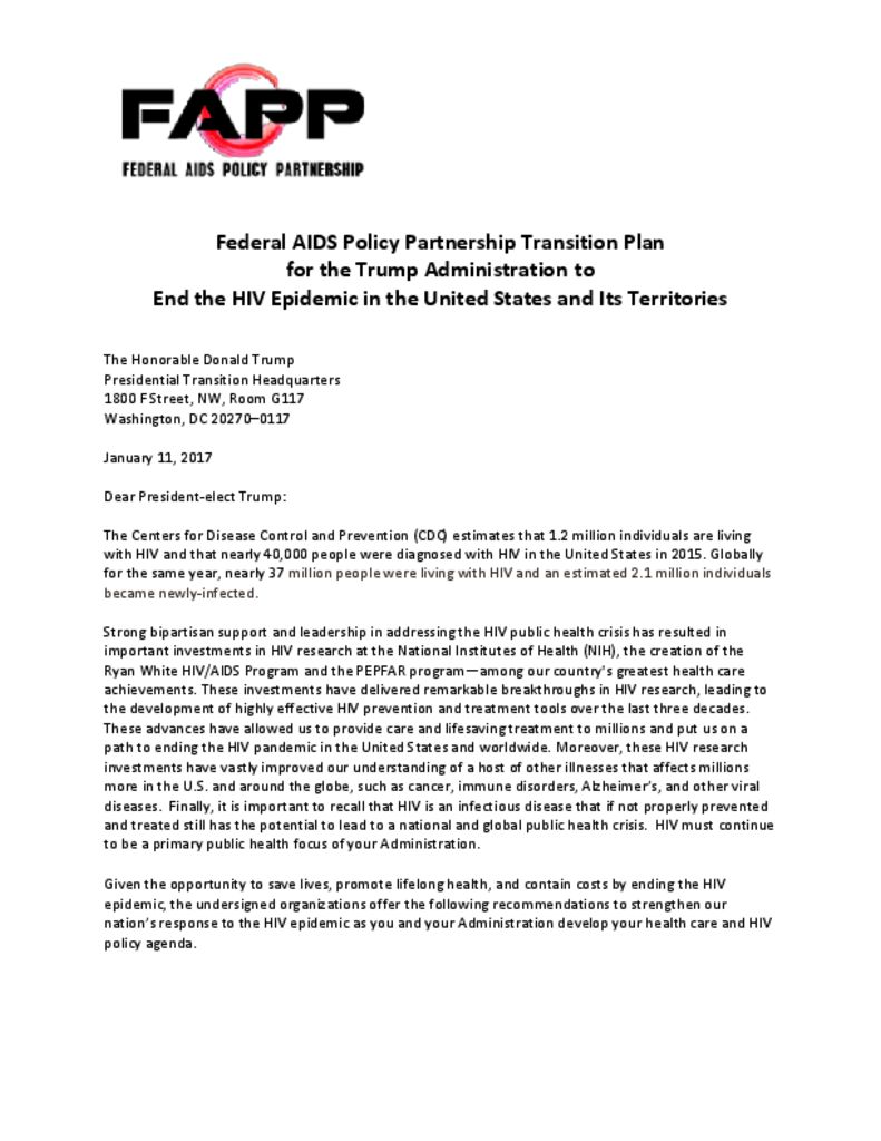 thumbnail of FAPP – Transition Plan for Trump Administration to End HIV in the US and its Territories